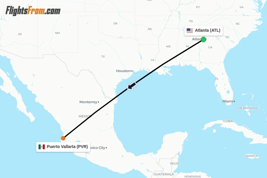 Flights from Atlanta to Puerto Vallarta route map