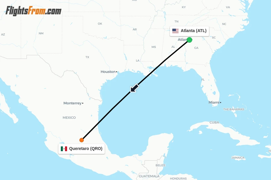 Flights from Atlanta to Queretaro route map