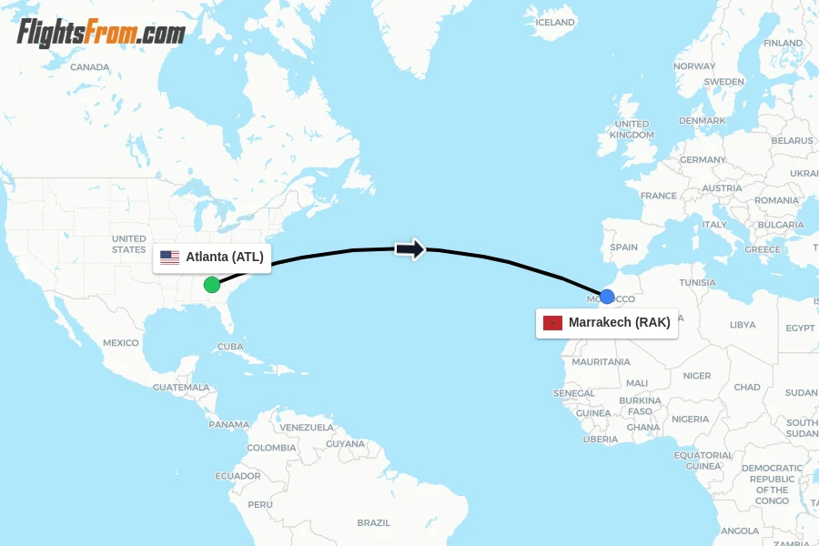 Flights from Atlanta to Marrakech route map