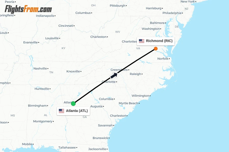 Flights from Atlanta to Richmond route map