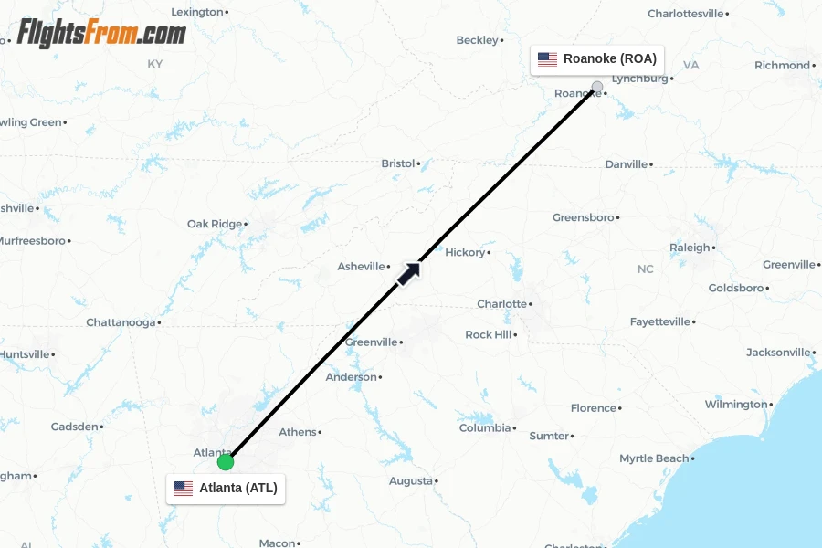 Flights from Atlanta to Roanoke route map