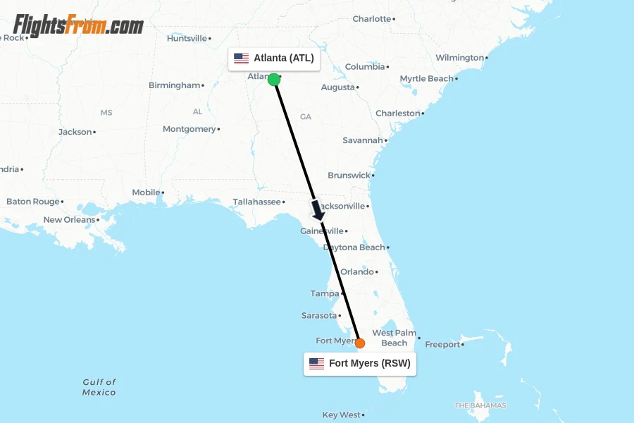 Flights from Atlanta to Fort Myers route map
