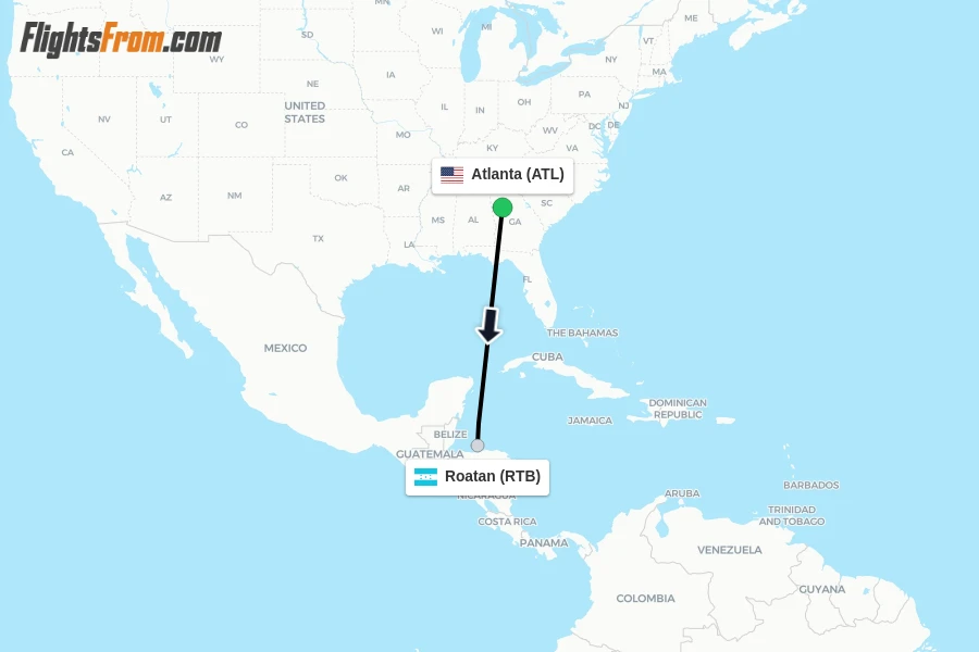 Flights from Atlanta to Roatan route map