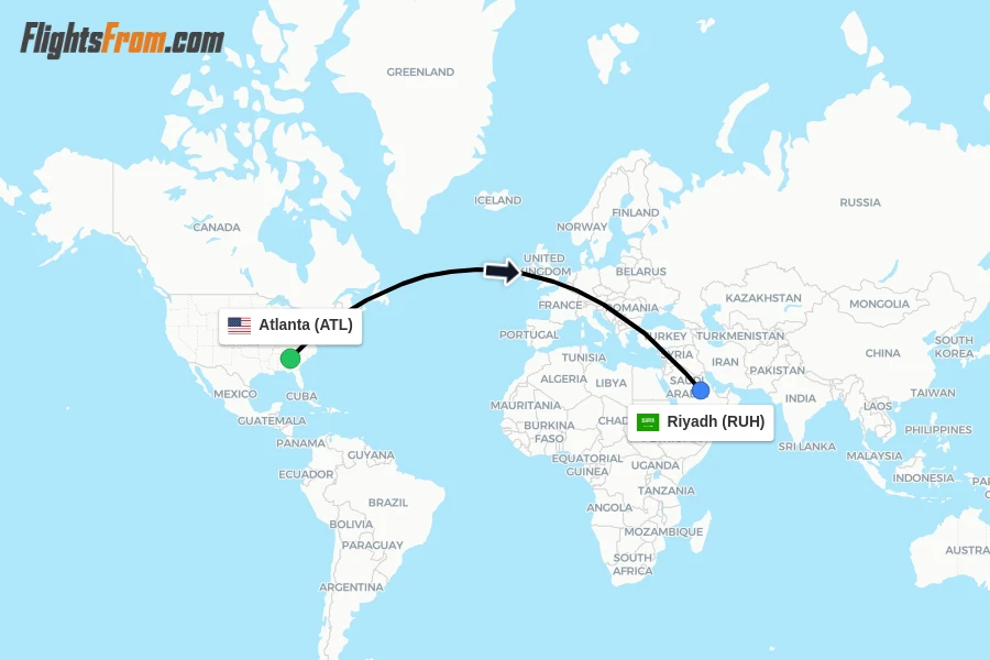 Flights from Atlanta to Riyadh route map