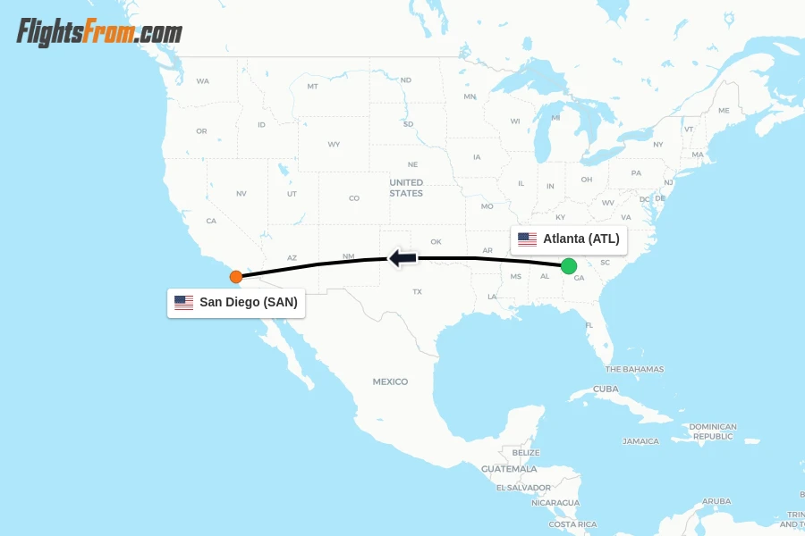Flights from Atlanta to San Diego route map