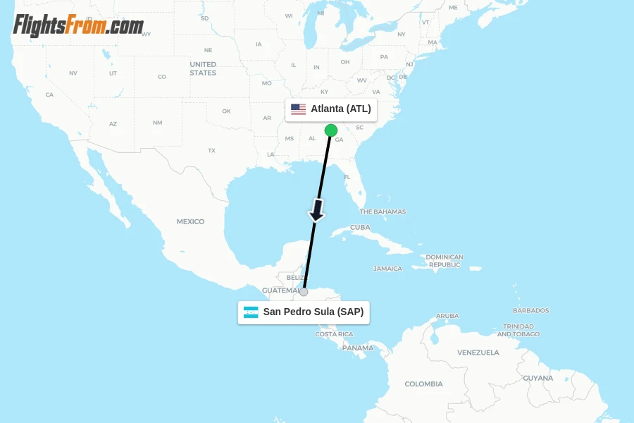 Flights from Atlanta to San Pedro Sula route map