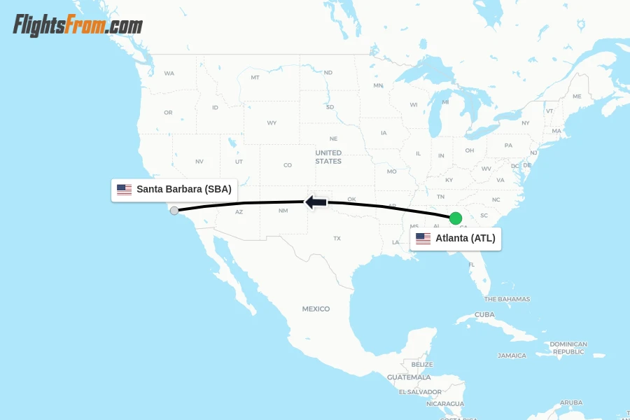 Flights from Atlanta to Santa Barbara route map