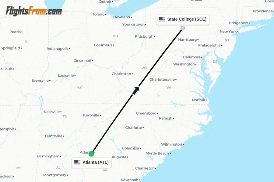 Flights from Atlanta to State College route map