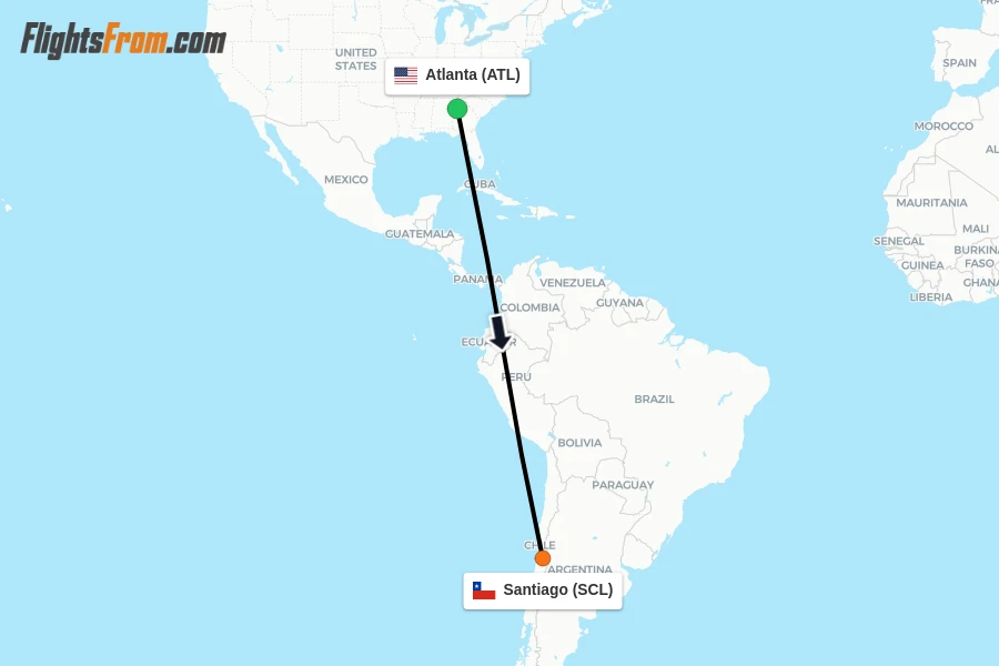 Flights from Atlanta to Santiago route map