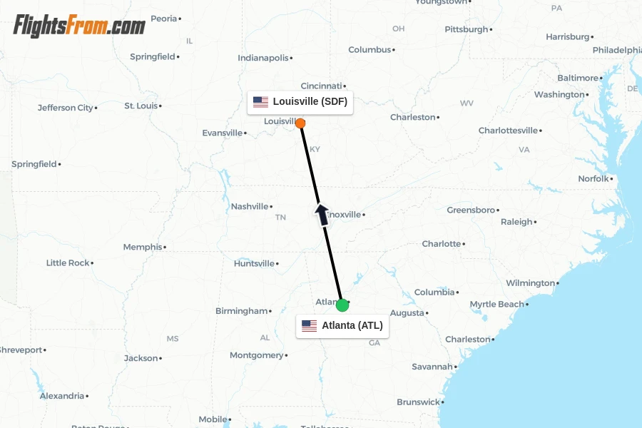 Flights from Atlanta to Louisville route map