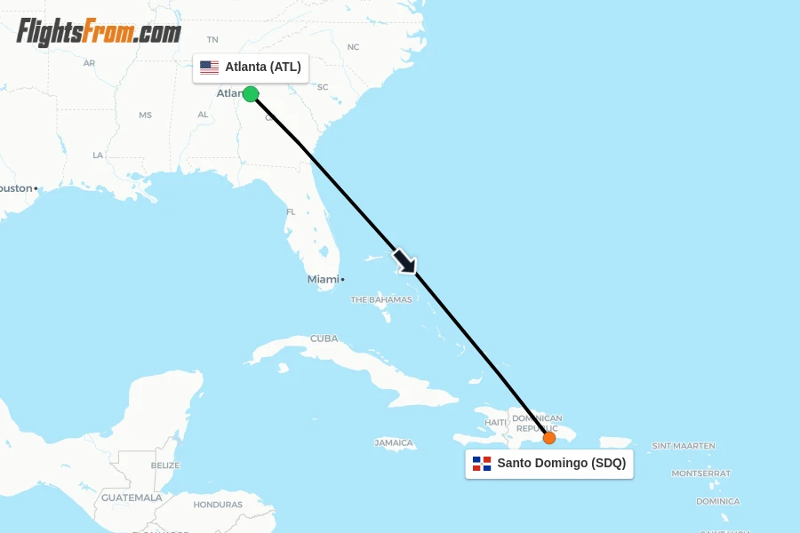 Flights from Atlanta to Santo Domingo route map