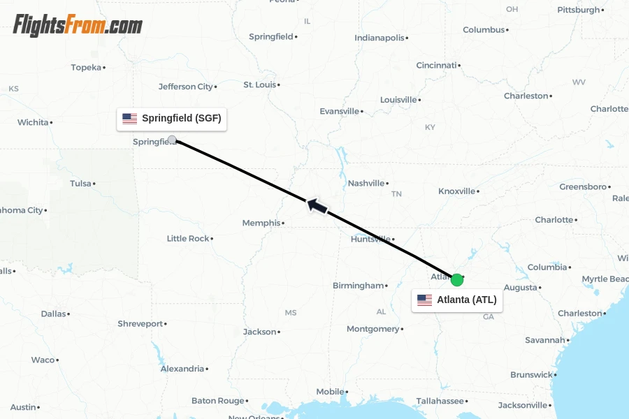 Flights from Atlanta to Springfield route map
