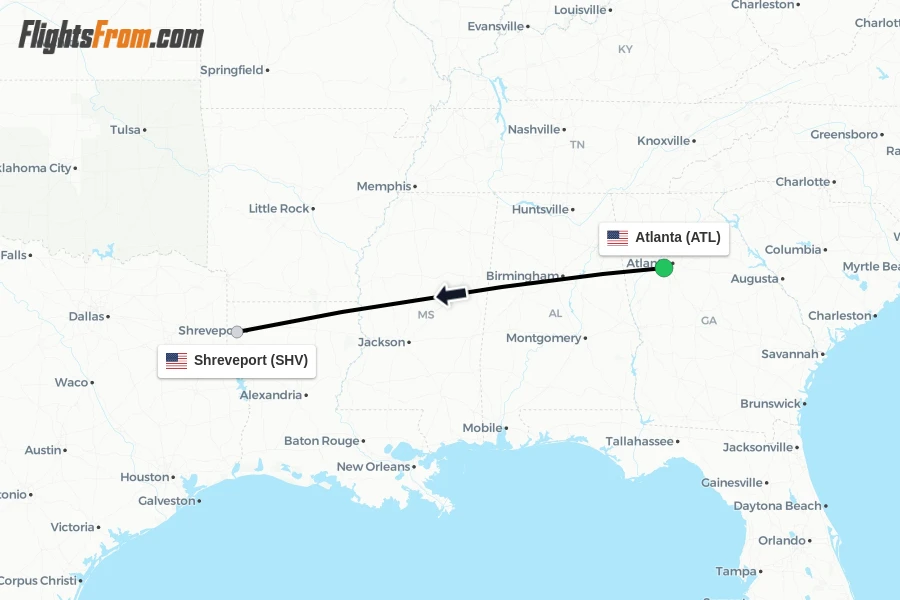 Flights from Atlanta to Shreveport route map