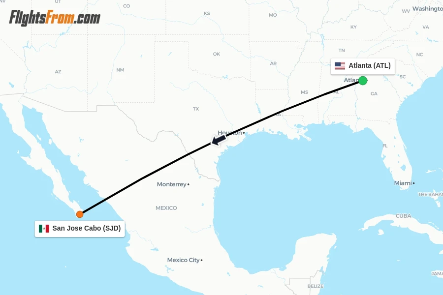 Flights from Atlanta to San Jose Cabo route map