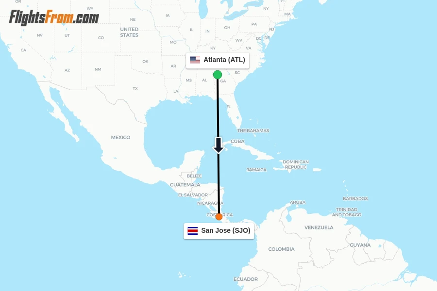 Flights from Atlanta to San Jose route map