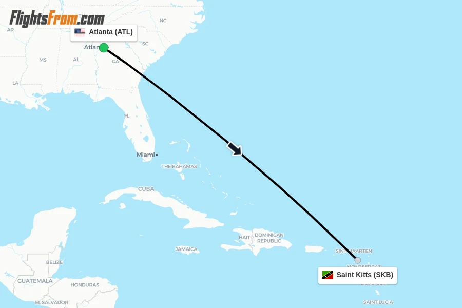 Flights from Atlanta to Saint Kitts route map