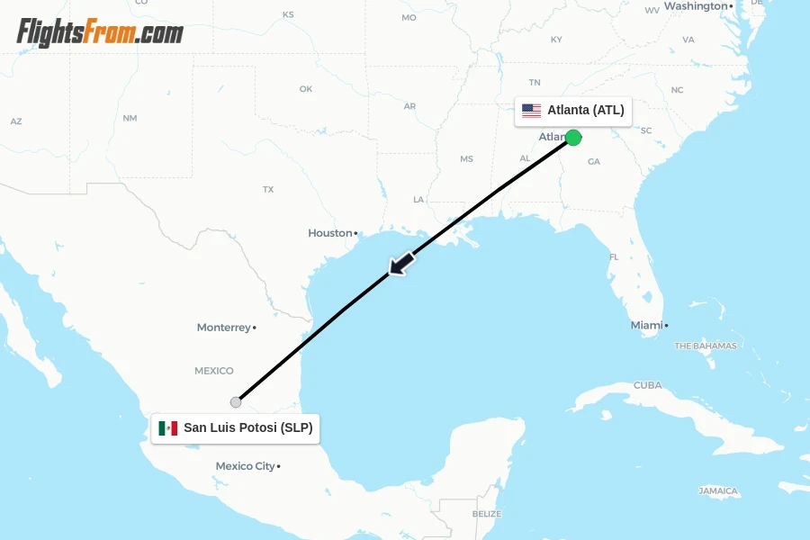 Flights from Atlanta to San Luis Potosi route map
