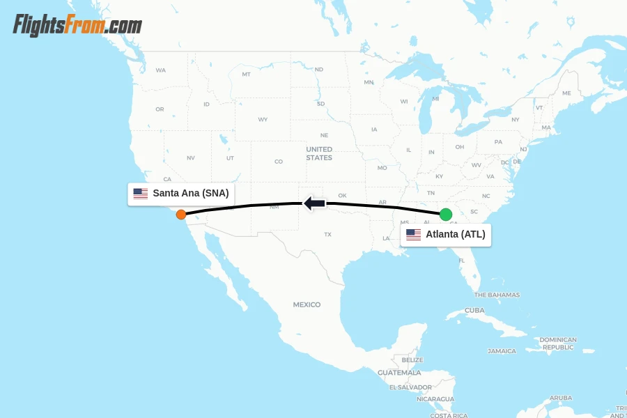 Flights from Atlanta to Santa Ana route map