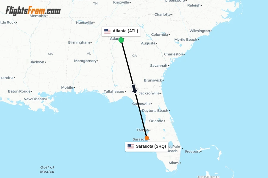 Flights from Atlanta to Sarasota route map
