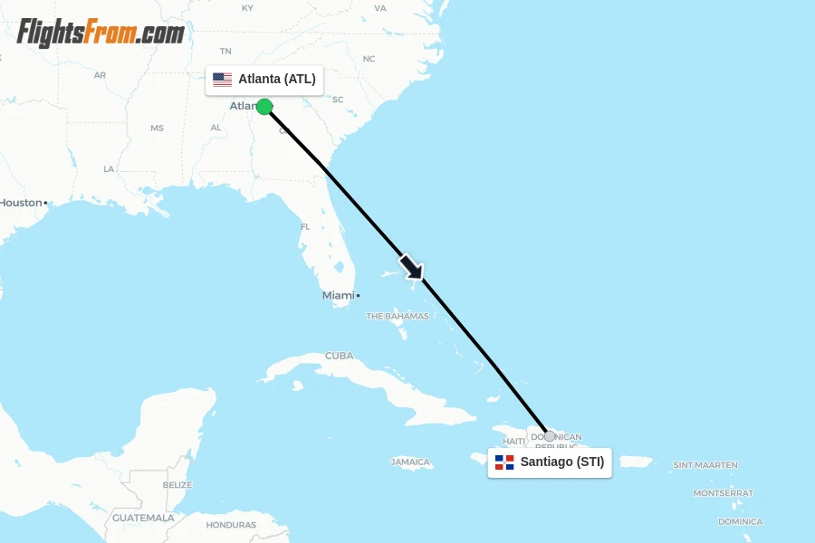 Flights from Atlanta to Santiago route map