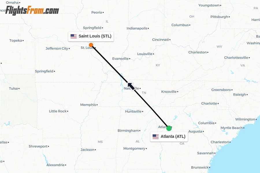 Flights from Atlanta to Saint Louis route map