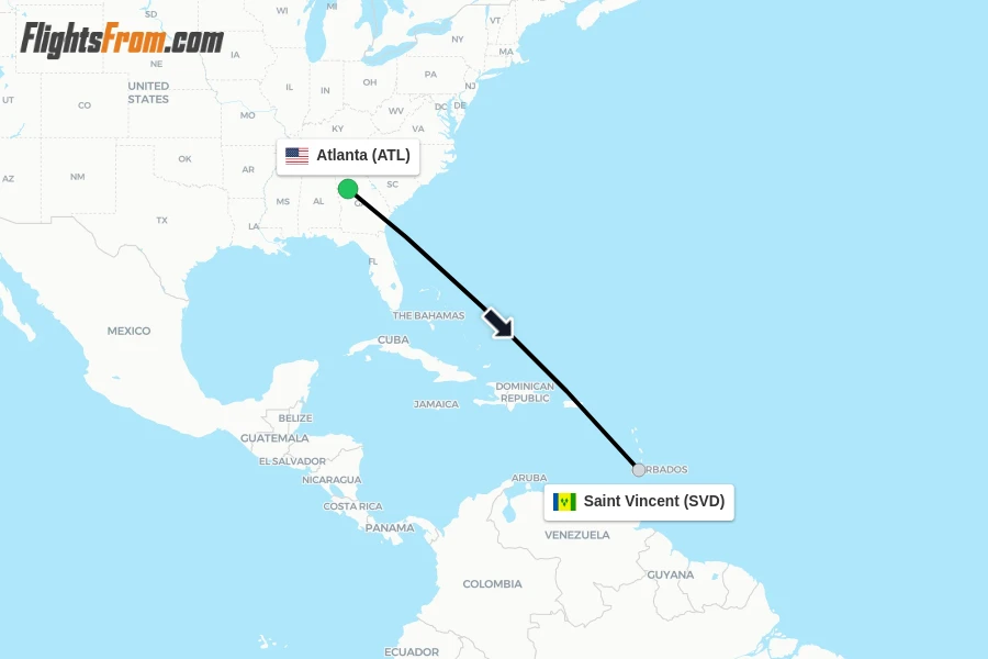 Flights from Atlanta to Saint Vincent route map
