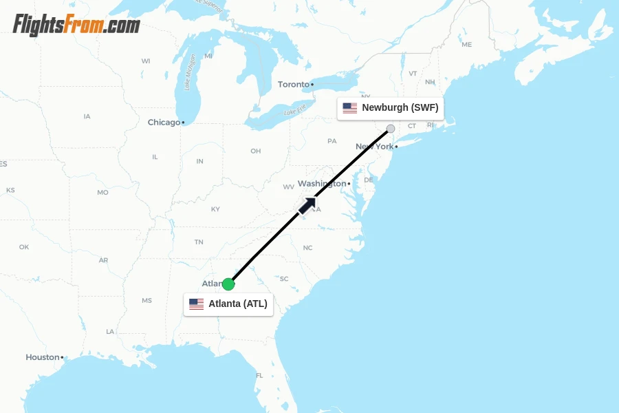 Flights from Atlanta to Newburgh route map