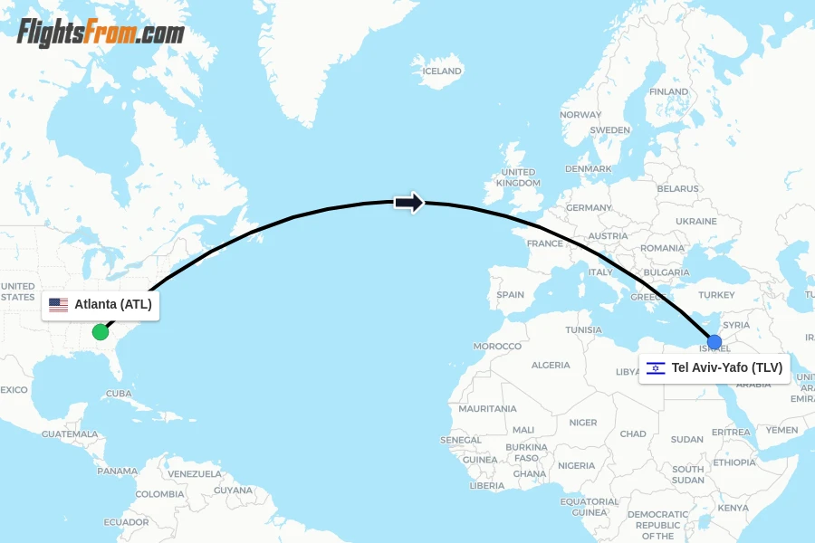 Flights from Atlanta to Tel Aviv-Yafo route map