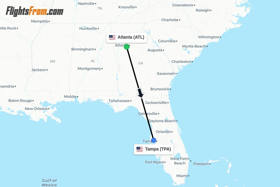 Flights from Atlanta to Tampa route map