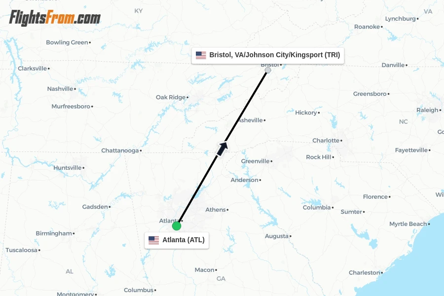 Flights from Atlanta to Bristol, VA/Johnson City/Kingsport route map