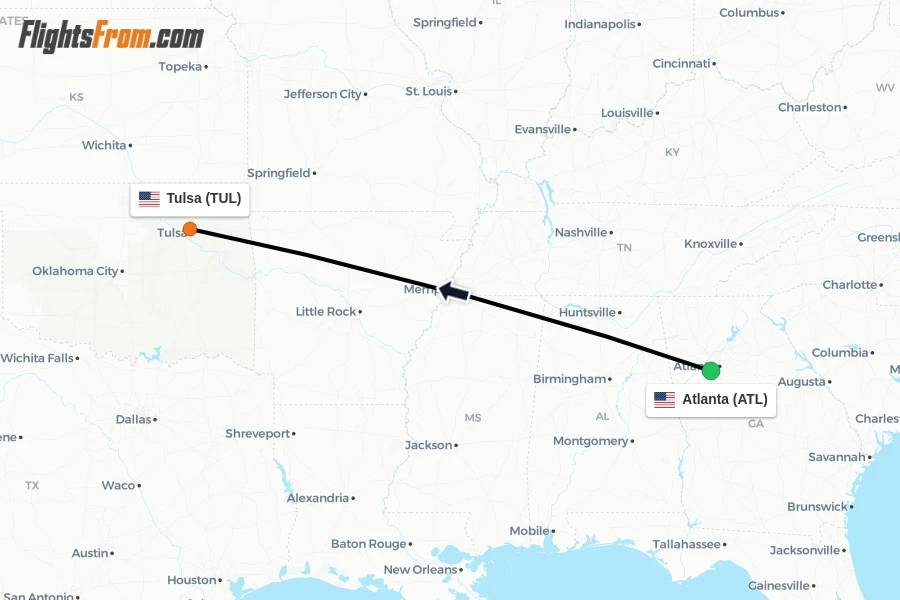 Flights from Atlanta to Tulsa route map