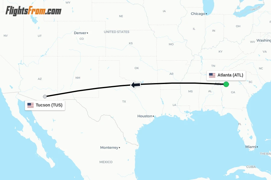 Flights from Atlanta to Tucson route map
