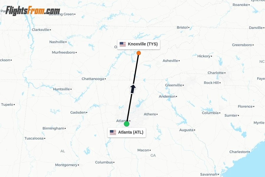 Flights from Atlanta to Knoxville route map