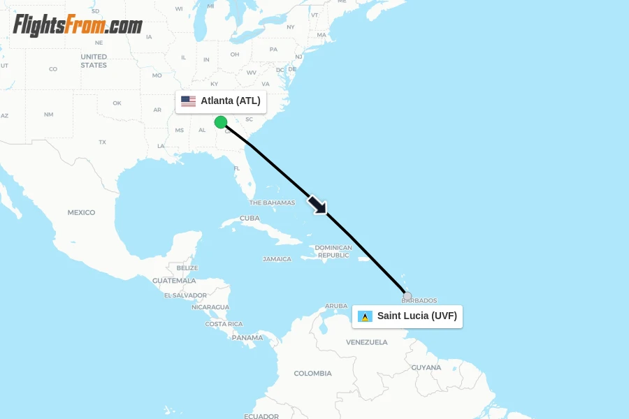 Flights from Atlanta to Saint Lucia route map