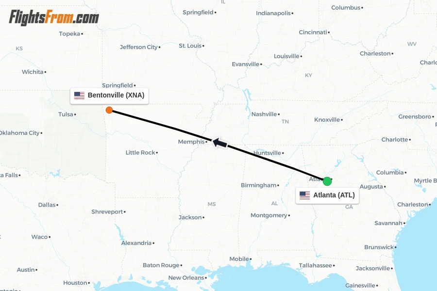 Flights from Atlanta to Bentonville route map