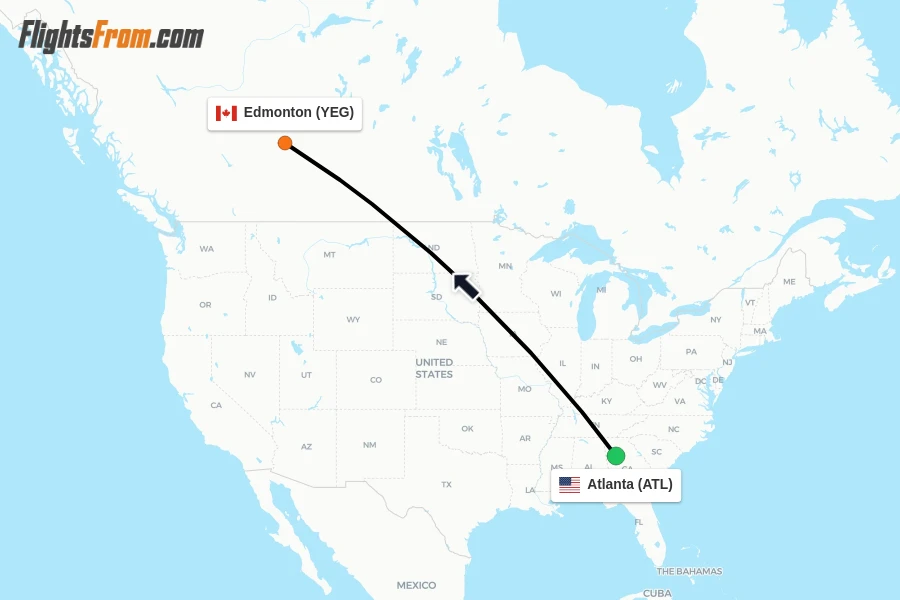 Flights from Atlanta to Edmonton route map