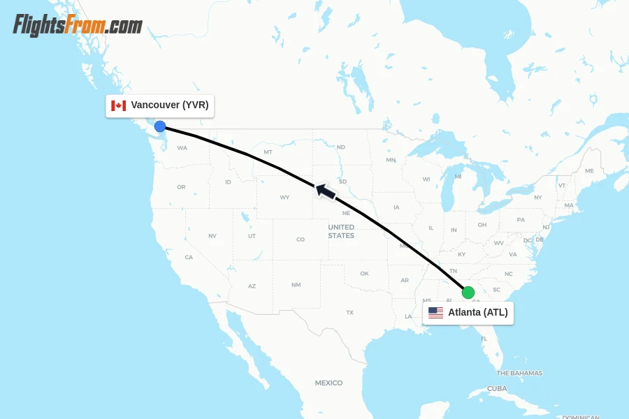 Flights from Atlanta to Vancouver route map