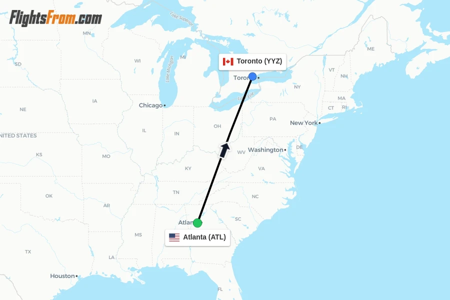 Flights from Atlanta to Toronto route map