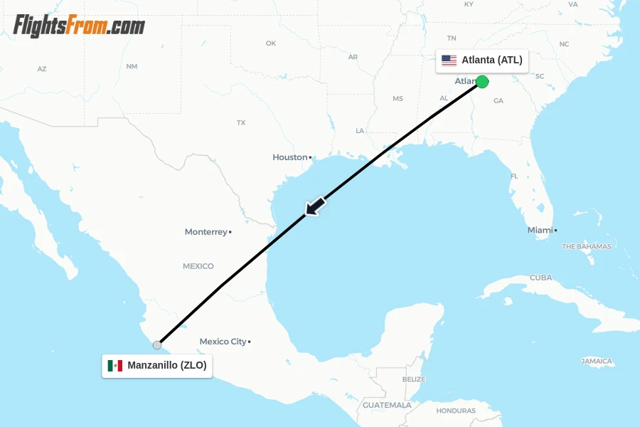 Flights from Atlanta to Manzanillo route map