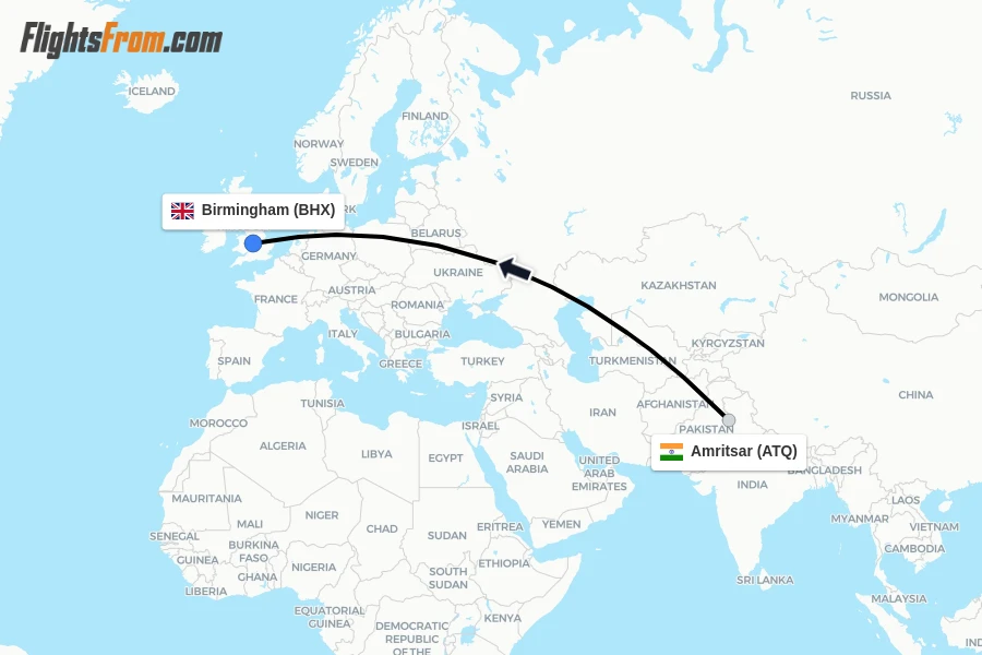Flights from Amritsar to Birmingham route map