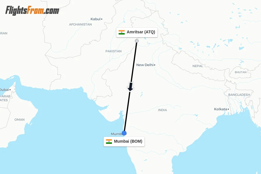Flights from Amritsar to Mumbai route map