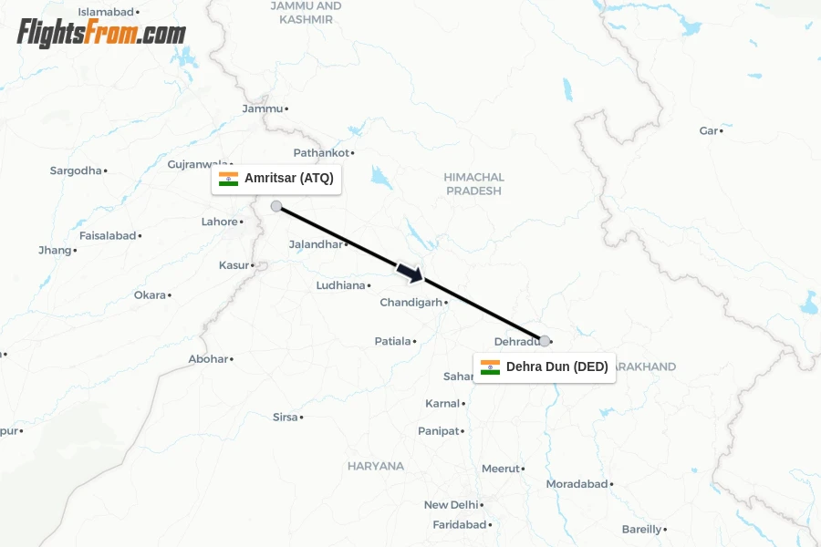 Flights from Amritsar to Dehra Dun route map