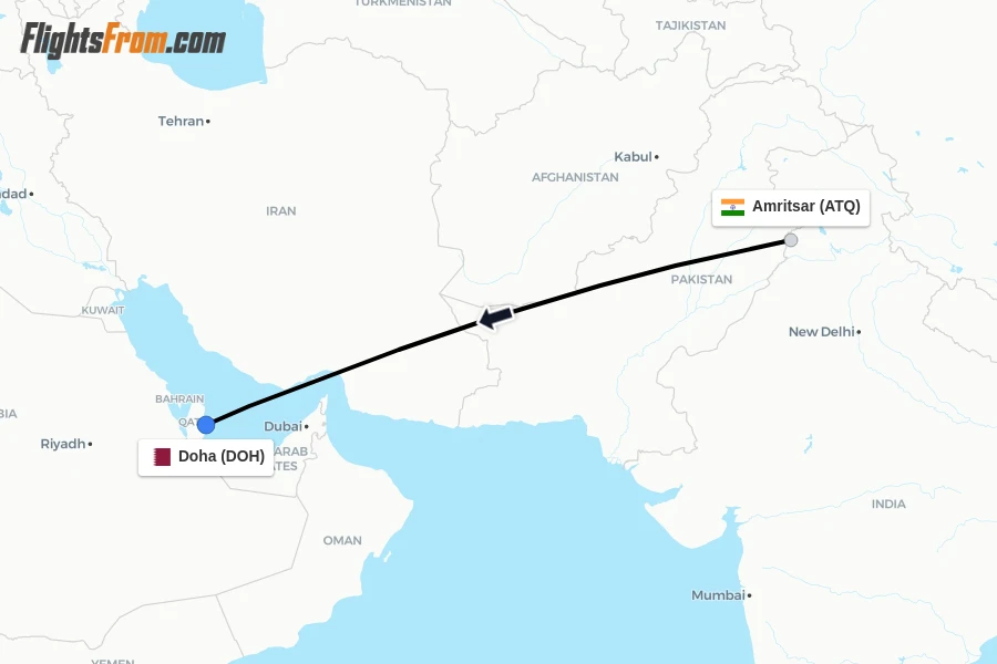 Flights from Amritsar to Doha route map