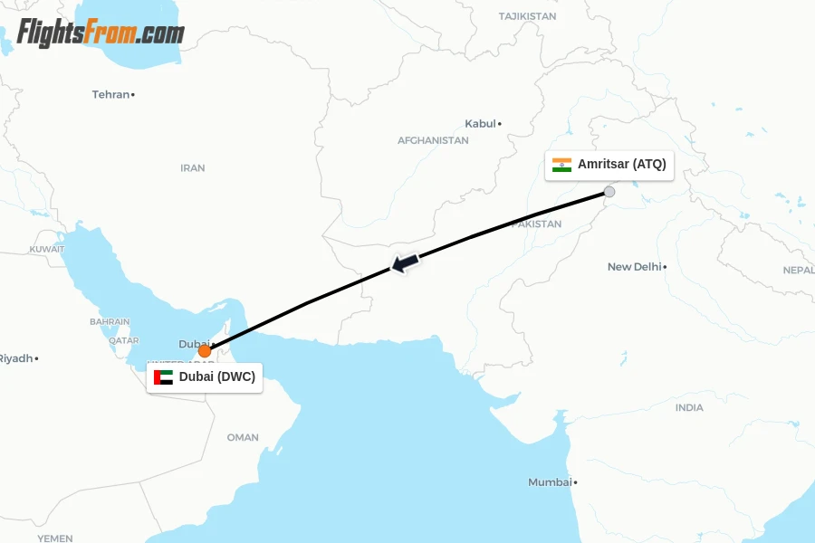 Flights from Amritsar to Dubai route map