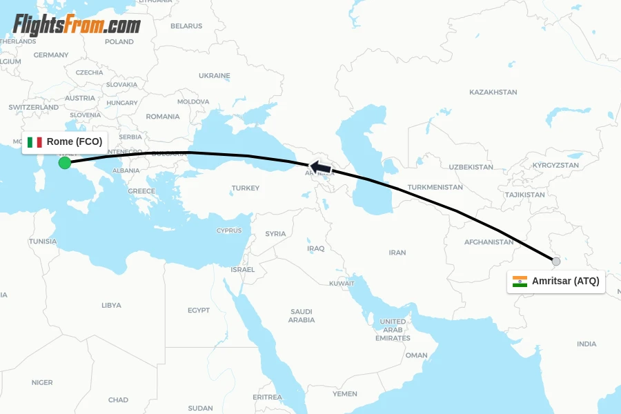 Flights from Amritsar to Rome route map
