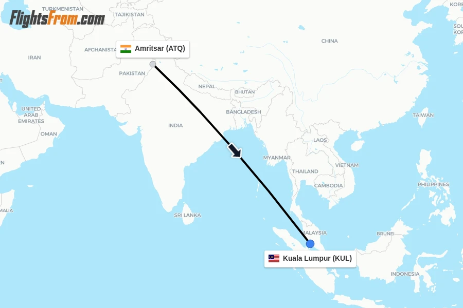 Flights from Amritsar to Kuala Lumpur route map