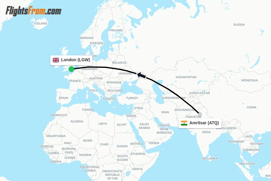 Flights from Amritsar to London route map