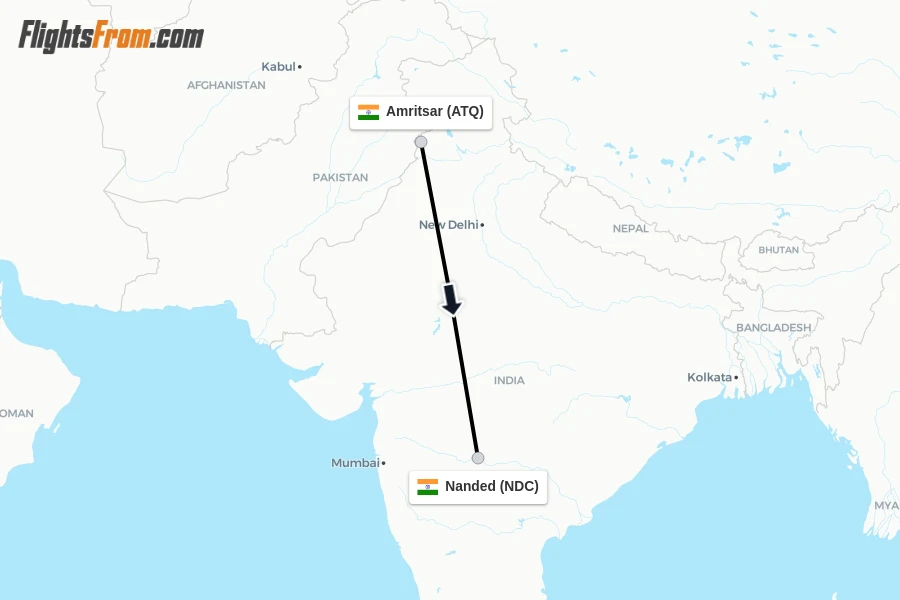 Flights from Amritsar to Nanded route map