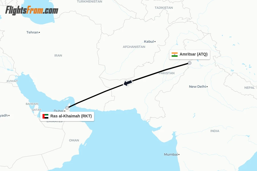 Flights from Amritsar to Ras al-Khaimah route map