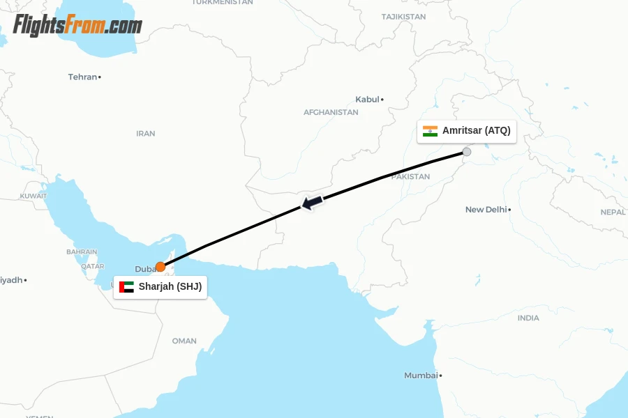 Flights from Amritsar to Sharjah route map